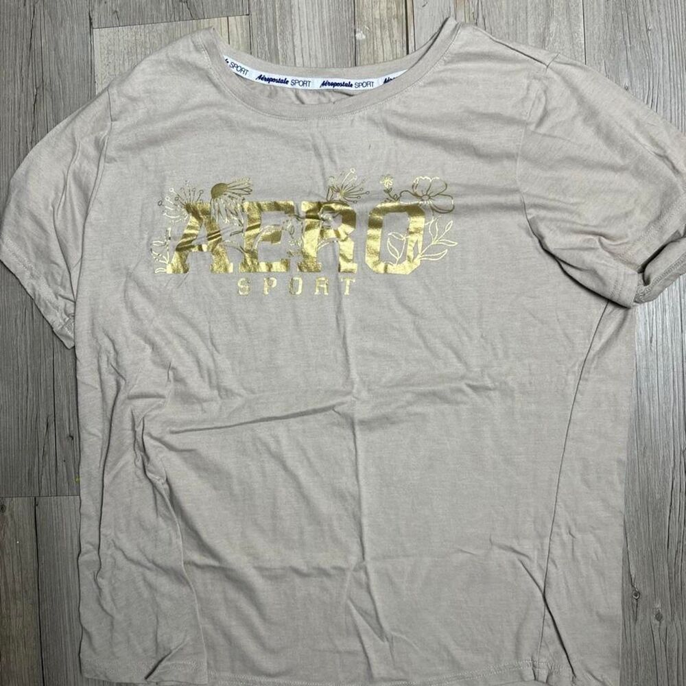 Aeropostale Women's Cream and Tan T-shirt